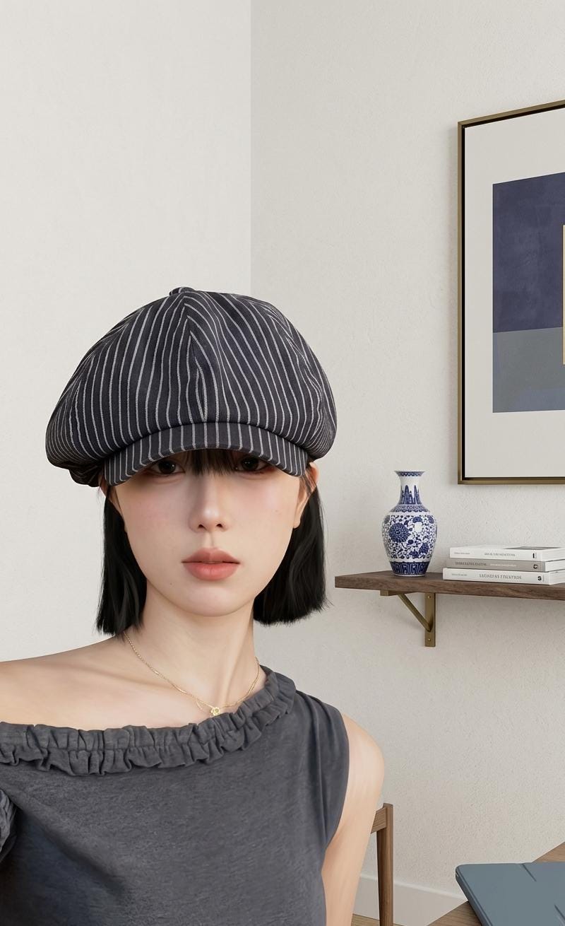 Women's Striped Linen Cotton Beret Hat, Breathable French Newsboy Cap