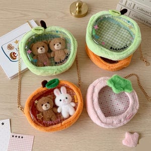 Bolsa transparente de peluche de fresa Kawaii / Vitrina de PVC para figuras de anime / Estuche de almacenamiento de manzana Ita, regalo para niñas