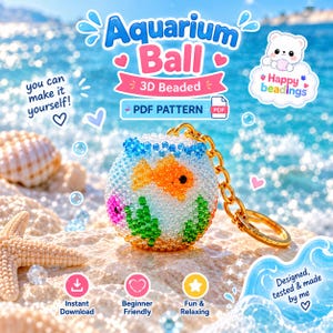 Puede incluir: Un llavero de bola de acuario con cuentas 3D que muestra un pez dorado y algas verdes, con el texto Aquarium Ball, 3D Beaded, PDF PATTERN, you can make it yourself, Happy beadings, Instant Download, Beginner Friendly, Fun & Relaxing.