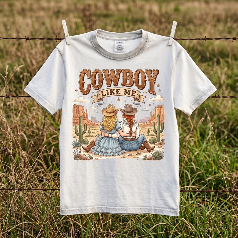 Pode incluir: Uma t-shirt de manga curta cor de creme com uma impress&atilde;o gr&aacute;fica de duas pessoas sentadas numa paisagem des&eacute;rtica com catos e forma&ccedil;&otilde;es rochosas. O texto "COWBOY LIKE ME" est&aacute; impresso em castanho sobre a ilustra&ccedil;&atilde;o das figuras.