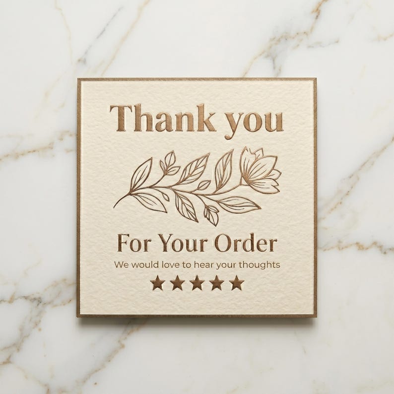 May include: A square off-white card with metallic copper-colored text and a floral line drawing. The text reads Thank you For Your Order We would love to hear your thoughts above five stars. The card has a thin copper-colored border edge.