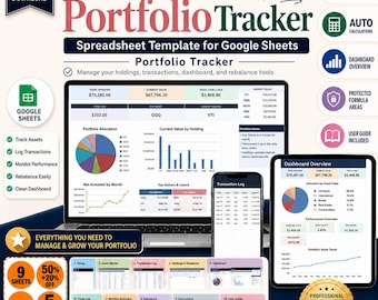 Op de afbeelding: Een spreadsheet sjabloon voor Google Sheets, ontworpen voor het volgen van beleggingsportefeuilles. De afbeelding toont een laptop, tablet en telefoon met financiële gegevens, grafieken en diagrammen. Tekst bevat "Investment Portfolio Tracker" en "Manage your holdings, transactions".
