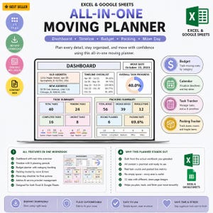 Könnte beinhalten: Ein All-in-One-Umzugsplaner für Excel & Google Sheets. Das Dashboard enthält eine Zeitleisten-Checkliste, eine Aufgabenübersicht und eine Packübersicht. Zu den Funktionen gehören Budgetverfolgung, Kalender, Aufgabenverfolgung und Packverfolgung. Der Planer ist voll anpassbar und einfach zu bedienen.