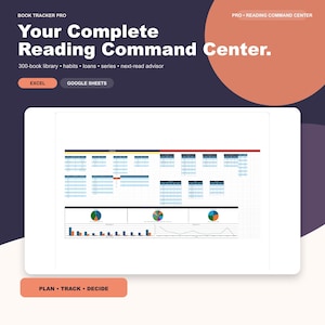 May include: A digital book tracker spreadsheet interface titled Book Tracker Pro, Your Complete Reading Command Center. It features tables for a 300-book library, habits, loans, series, and a next-read advisor, with pie charts and bar graphs for data visualization.