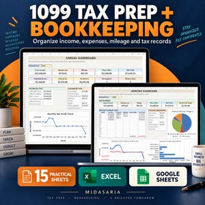 May include: A digital 1099 tax preparation and bookkeeping spreadsheet template for Excel and Google Sheets. The display shows an annual and monthly dashboard with financial charts, income, expense logs, and tax records for 15 practical sheets.