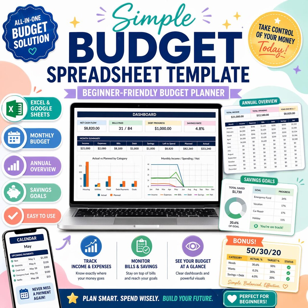 Simple Budget Spreadsheet Template for Beginners Google Sheets Excel ...