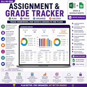 May include: A digital assignment and grade tracker dashboard displayed on a laptop screen, featuring charts, course overviews, and assignment status tables. The interface includes sections for grade distribution, upcoming deadlines, and performance metrics.