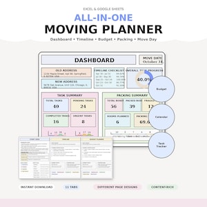 May include: A digital moving planner with an Excel and Google Sheets design. The planner includes a dashboard, timeline, budget, and packing sections. Key features include task summaries, packing summaries, and a calendar. The text reads "All-in-One Moving Planner."