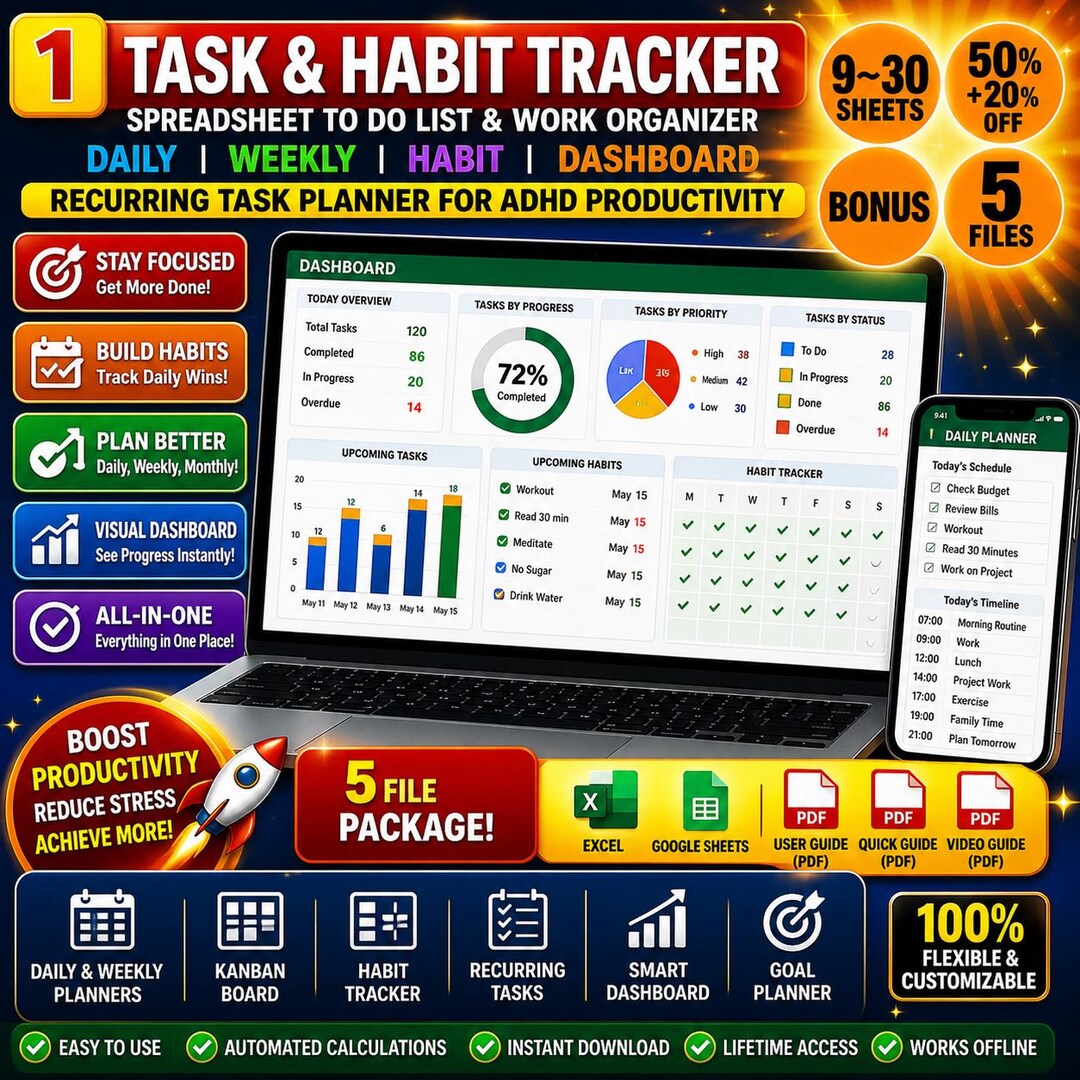 Task & Habit Tracker Spreadsheet: Daily, Weekly, ADHD Productivity ...