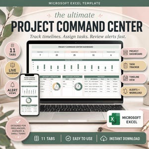 Könnte beinhalten: Ein digitales Mockup einer Microsoft Excel-Vorlage für das Projektmanagement. Das Bild zeigt einen Laptop und ein Smartphone, die das Projekt-Dashboard anzeigen. Das Design umfasst Diagramme, Aufgabenverfolgungen und Alarmansichten. Der Text enthält "Project Command Center".