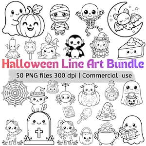 May include: A collection of black and white line art illustrations featuring Halloween characters including ghosts, pumpkins, a mummy, a skeleton, a bat on a moon, a vampire, a witch, a spider, a cat, a tombstone, and a cauldron with the text Halloween Line Art Bundle.