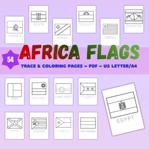 May include: A set of 54 trace and colouring pages showcasing African flags. Each flag is outlined in black on a white background, with the country's name below. The title "Africa Flags" is displayed in large, colourful letters.