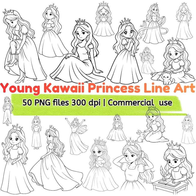 Kawaii Princess Line Art Coloring Pages Bundle (digital Download) - Etsy
