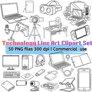 Op de afbeelding: Zwart-wit lijntekeningen van diverse technologie-items, waaronder laptops, tablets, VR-headset, camera, microfoon, gamecontroller, desktopcomputer, koptelefoon, toetsenbord, muis, USB-stick en smartphone. Tekst: Technology Line Art Clipart Set.