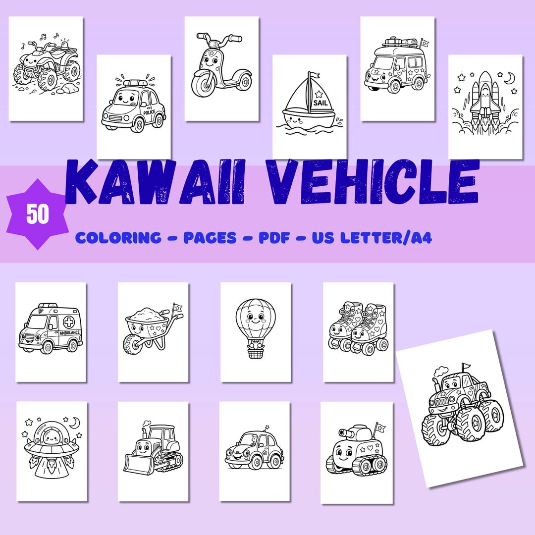 Kawaii Vehicles Coloring Pages for Kids, Transportation Printable PDF ...