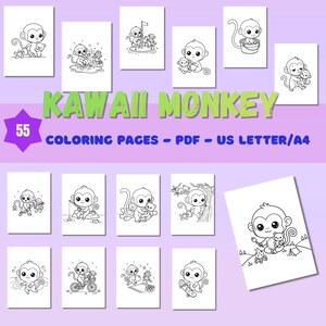 Puede incluir: Un conjunto de 55 páginas para colorear de monos Kawaii, en formato PDF, para papel US Letter y A4. Las páginas presentan varias ilustraciones de monos lindos. El texto de la imagen dice "KAWAII MONKEY".