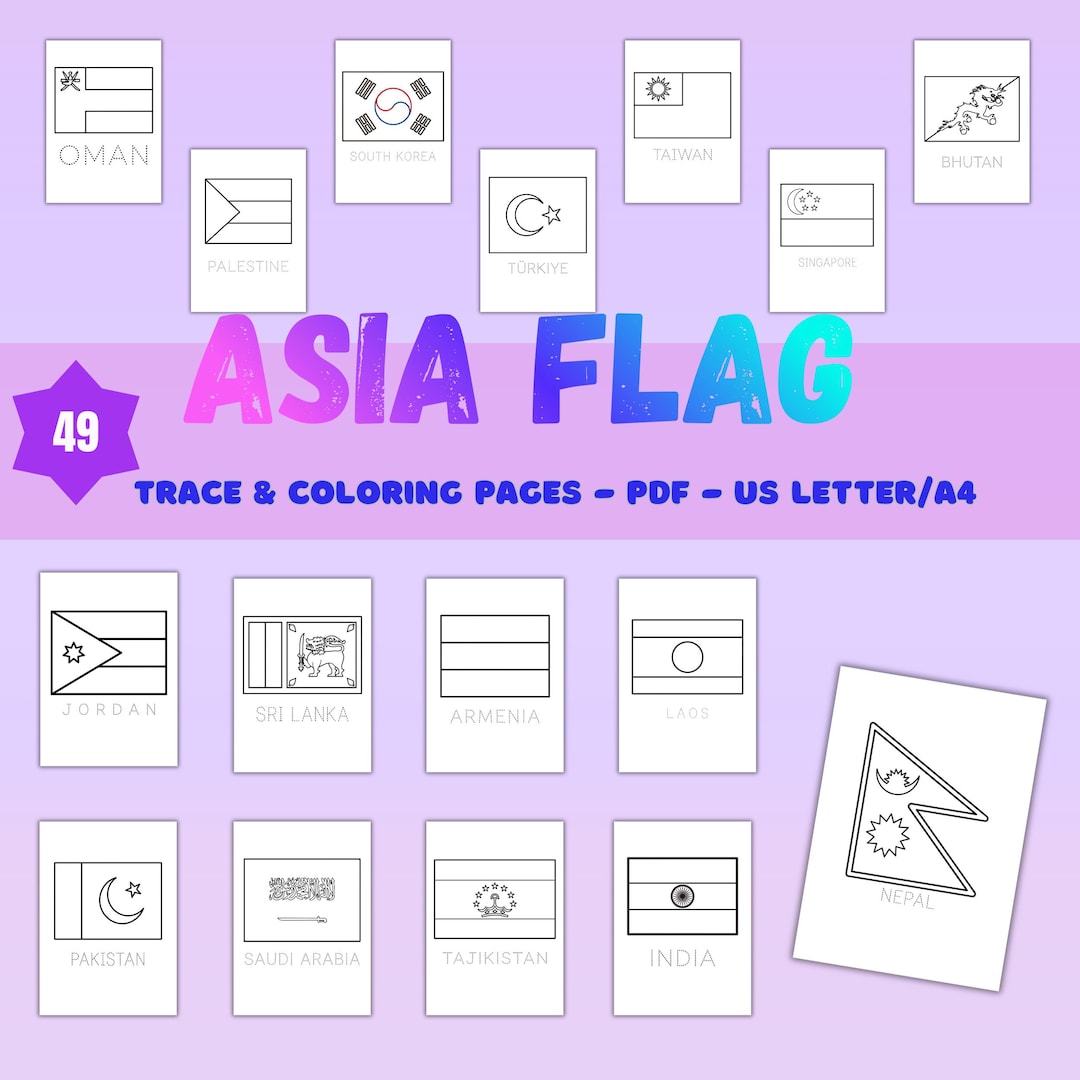 Asia Flags Coloring Pages, Trace Country Names, Geography Worksheets ...
