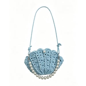 Handmade Crochet Shell Bag with Pearl, Light Blue Knit Crossbody Purse, Summer Beach Aesthetic Shoulder Bag, Unique Handmade Gift for Her
