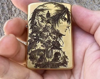 Attack On Titan Eren Theme 3 Face Engraved Brass Lighter Gift for Brother Anime Fans Boyfriend