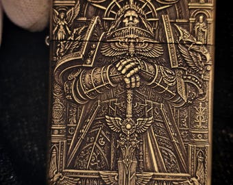 Emperor of Mankind 2 Face 3D Relief Engraved Brass Lighter Golden Throne Design Gift for Game Fans Boyfriend Birthday
