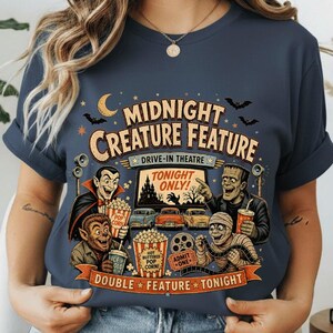 Camiseta de película de terror vintage – Camiseta retro de los 90 de vampiros y Frankenstein, estilo Midnight Creature Feature, camiseta gráfica de monstruo de autocine