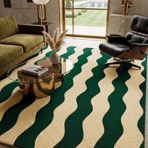 Mid Century Green Wave Area Rug | Luxury New Zealand Wool Handmade Rug for Balcony & Living | Wavy Stripe Art | Premium CRAFTED THREADS Rug
