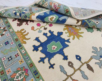 Hand Knotted Ivory Oushak Rug Cerulean Blue Floral Area Rug Modern Vintage Caucasian Motif Living Room Bespoke NZ Wool Masterpiece Carpet