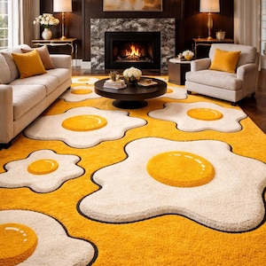 Hand Tufted Fried Egg Rug, Luxury Yellow Wool Area Rug, Funky Pop Art Carpet, Dopamine Decor Living Room Rug, Cute Kids Nursery Rug