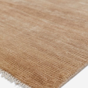 May include: A rectangular area rug in a solid light brown color with a textured, ribbed surface pattern. The rug features a short, knotted fringe along one edge, consisting of thin, off-white threads extending from the main woven fabric body.