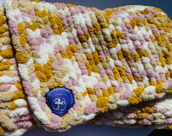 Golden Glow – Hand-Knit Baby Blanket in Pink, White, Tan & Gold