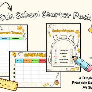Kids School Planner Printable Set – Homework Tracker, Timetable, Backpack Checklist – Elementary School A4