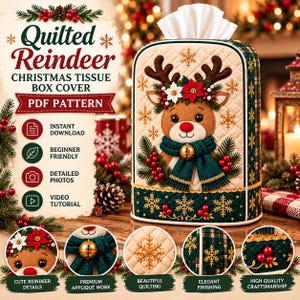 Peut inclure: Un patron PDF pour couvre-boîte à mouchoirs matelassé représentant un renne au nez rouge, portant une écharpe verte avec une clochette dorée et des fleurs de poinsettia. Broderies de flocons dorés sur fond de tissu crème et tartan vert.