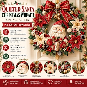 Può includere: Un cartamodello PDF per una ghirlanda natalizia trapuntata con un Babbo Natale, stelle di Natale rosse e bianche, pigne, bacche rosse e un grande fiocco rosso con ricami dorati e campanellini dorati pendenti.