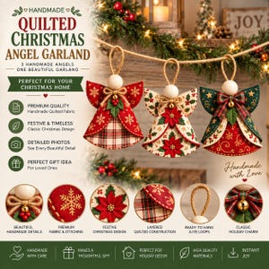 Könnte beinhalten: Eine handgefertigte, gesteppte Weihnachtsengel-Girlande mit drei Stoffengeln, Holzkugelköpfen und Jute-Aufhängeschlaufen. Die Engel zeigen rote, grüne und cremefarbene Muster mit Schneeflocken, Weihnachtssternen und Karos, verziert mit Schleifen und Beeren.