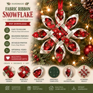 Puede incluir: Una descarga digital en PDF para un patrón de adorno de copo de nieve hecho con cinta de tela. La imagen muestra un copo de nieve de tela con motivos rojos y blancos y una perla central, junto con texto, iconos y miniaturas circulares.