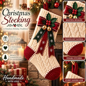 May include: A cream-colored cable knit Christmas stocking featuring a red heel and toe, adorned with a decorative bow, green holly leaves, red berries, and two gold bells. The stocking includes a sturdy red hanging loop at the top.