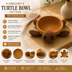 Puede incluir: Un patrón de ganchillo para un cuenco de tortuga en descarga PDF, con un cuenco amarillo mostaza con cabeza y aletas de color marrón oscuro. El texto dice CROCHET TURTLE BOWL PATTERN PDF DOWNLOAD, BEGINNER FRIENDLY, DETAILED PHOTOS, VIDEO TUTORIAL.
