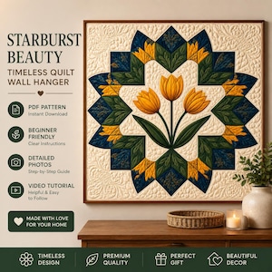 May include: A square quilt wall hanging featuring a central design of three yellow tulips with green stems and leaves, surrounded by a geometric pattern of dark blue and yellow shapes on a cream background with intricate quilted floral textures.