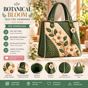 Patrón de costura para bolso acolchado Botanical Bloom / Aplicación floral, bordado dorado (descarga en PDF)