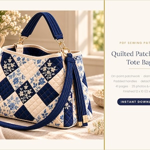 Molde para costura de bolsa de retalhos acolchoada, estampa floral em losangos azul-marinho (PDF)