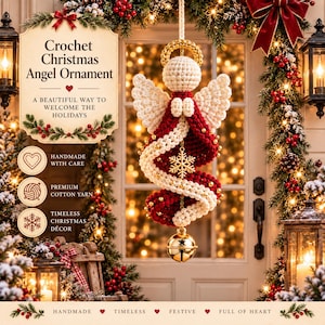 May include: A crochet Christmas angel ornament featuring a cream-colored head and wings, a red and cream spiraling dress, a gold halo, a gold snowflake charm, and a gold jingle bell at the base. The text reads Crochet Christmas Angel Ornament.
