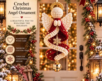 May include: A crochet Christmas angel ornament featuring a cream-colored head and wings, a red and cream spiraling dress, a gold halo, a gold snowflake charm, and a gold jingle bell at the base. The text reads Crochet Christmas Angel Ornament.