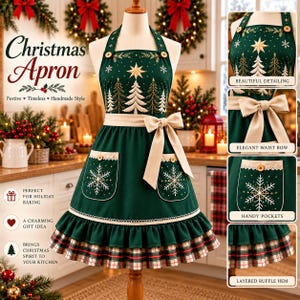 Può includere: Un grembiule verde scuro con un motivo ricamato di alberi di Natale e stelle bianche, un laccio in vita beige con fiocco, due tasche con ricami di fiocchi di neve bianchi e un orlo a balze con bordo in tessuto scozzese rosso, verde e bianco.