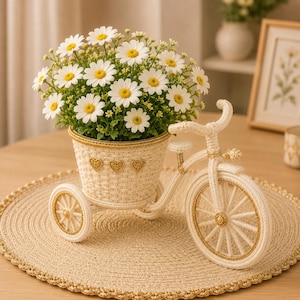 Whimsical Tricycle Planter with Daisies Crochet Pattern PDF, Vintage Bicycle Basket, Wire Frame Decor, Flower Pot, US Terms