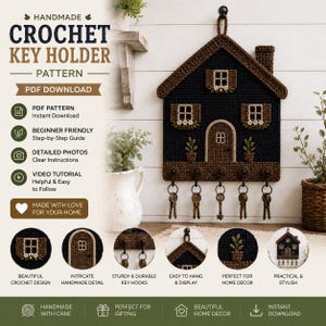Può includere: Un modello all'uncinetto per un portachiavi in download PDF a forma di casa in filato nero e marrone. L'oggetto da parete include cinque ganci in metallo, finestre decorative, una porta e motivi di piante. Testo: HANDMADE CROCHET KEY HOLDER PATTERN e PDF DOWNLOAD.