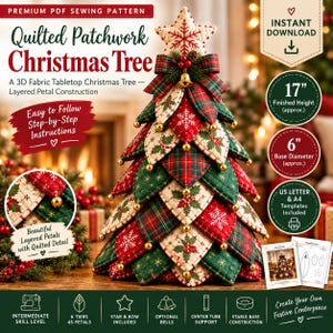 May include: A 3D quilted patchwork Christmas tree sewing pattern featuring layered fabric petals in red, green, and cream with snowflake and holly prints. The finished tree stands 17 inches tall with a 6-inch base diameter, including bells.
