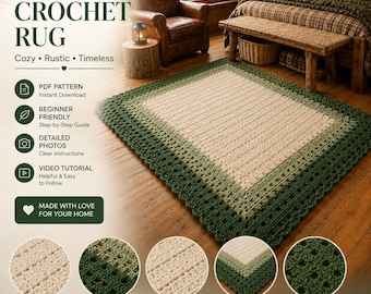 May include: A rectangular handmade crochet rug featuring a central cream-colored section surrounded by a light green border and a dark green outer edge with a scalloped trim. The rug is displayed on a wooden floor with five circular detail insets.