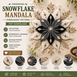 May include: A snowflake mandala embroidery pattern PDF download featuring a central floral design with black, cream, and grey layered petals, pearl and bead embellishments, and botanical elements. Includes detailed stitch and texture close-ups.
