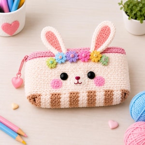 May include: A rectangular crochet pouch featuring a cream-colored body with brown stripes at the base. The pouch has two long rabbit ears, a floral crown, black bead eyes, a pink nose, and pink cheeks. A pink heart-shaped zipper pull is attached.