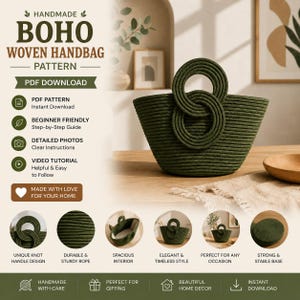 Peut inclure: Un patron numérique pour un sac à main tissé vert olive fait main. L'image affiche le texte HANDMADE BOHO WOVEN HANDBAG PATTERN PDF DOWNLOAD, ainsi que des icônes et des descriptions pour un guide débutant, des photos et un tutoriel vidéo.